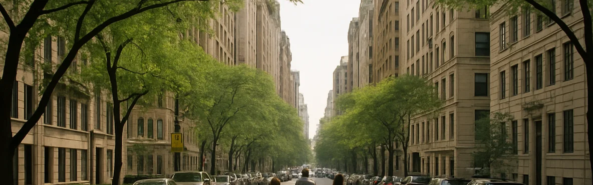 A tree-lined New York City street sits beneath a skyline of high-rise buildings.