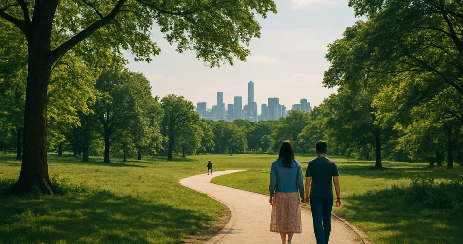A leafy city park path leads toward a distant skyline.