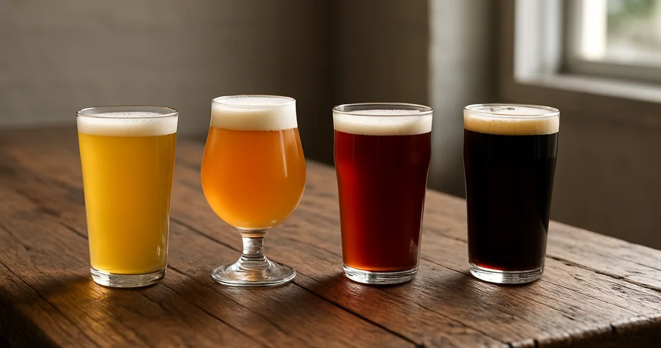 Different styles of craft beer are served in plain glasses.