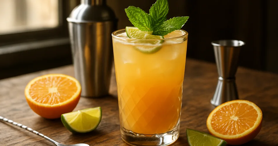 A fresh citrus cocktail sits beside bar tools on a wooden counter.