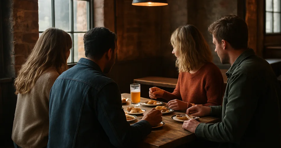 Friends share a selection of small plates around a rustic table.