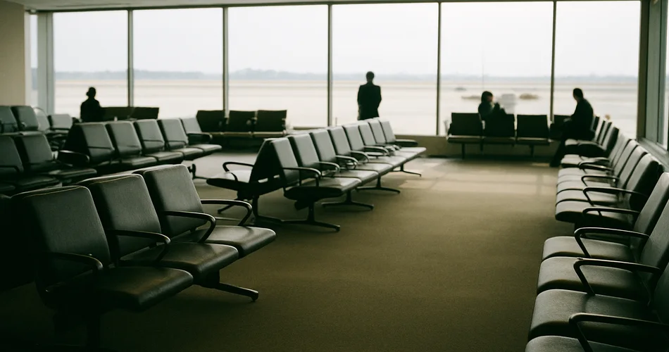 A sunlit airport lounge with distant travelers and rows of seats.
