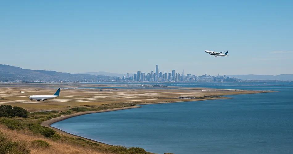 Airport runways and the distant city skyline beside San Francisco Bay.