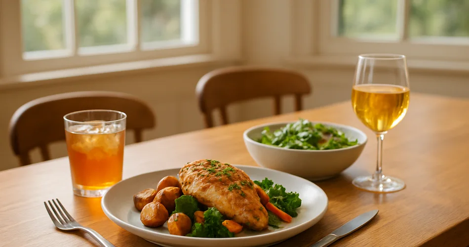 A freshly prepared meal and drinks on a table beside bright windows.