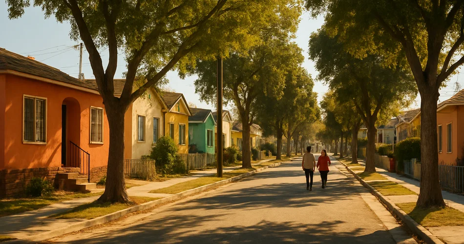 A leafy East Los Angeles street lined with colorful homes.