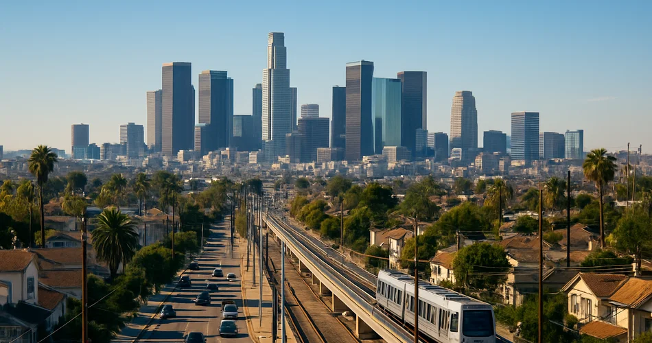 The Los Angeles skyline rises beyond a neighborhood transit corridor.