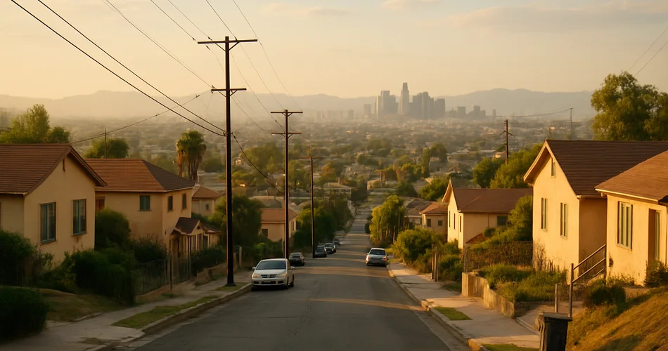 A calm residential hillside overlooks the city.
