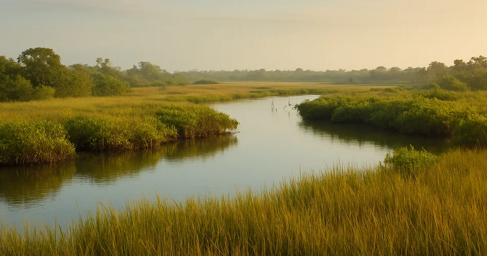 Sawgrass wetlands and mangroves stretch across the Everglades with wading birds in the distance.