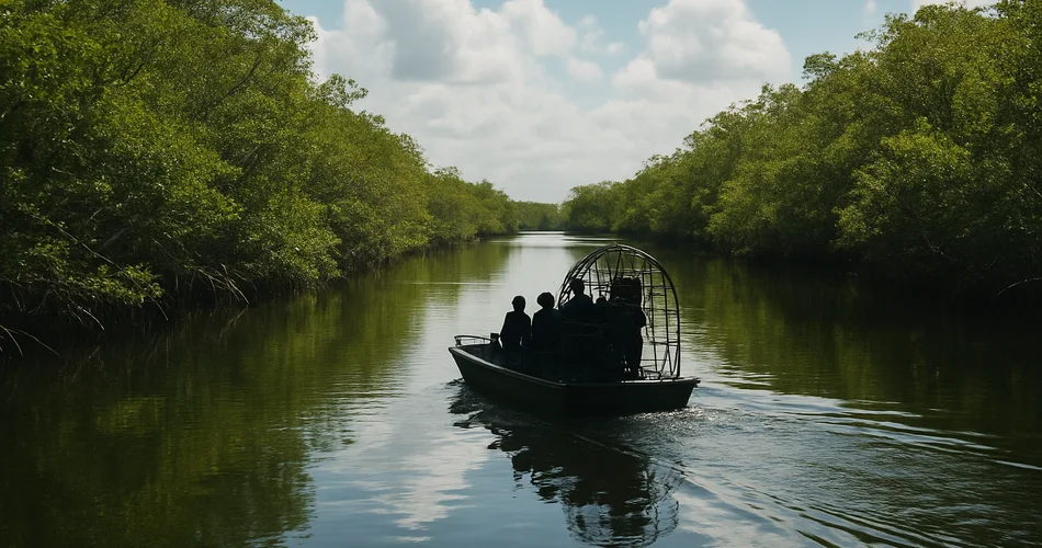 A small airboat travels through a mangrove channel in the Everglades.
