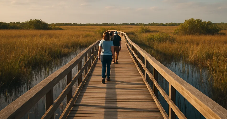 Visitors follow a boardwalk through protected Everglades marshland.