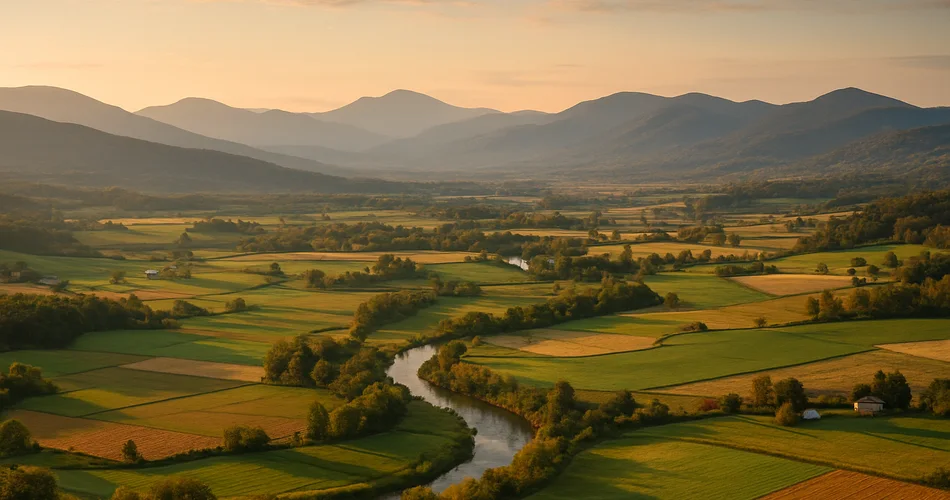 A winding river crosses farmland beneath the surrounding Vermont mountains.