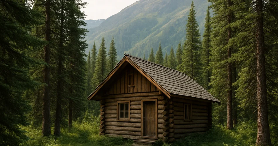 A rustic cabin sits among evergreens with mountains in the distance.