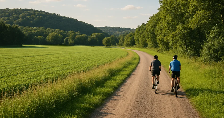 Two cyclists ride a countryside trail past fields and wooded hills.