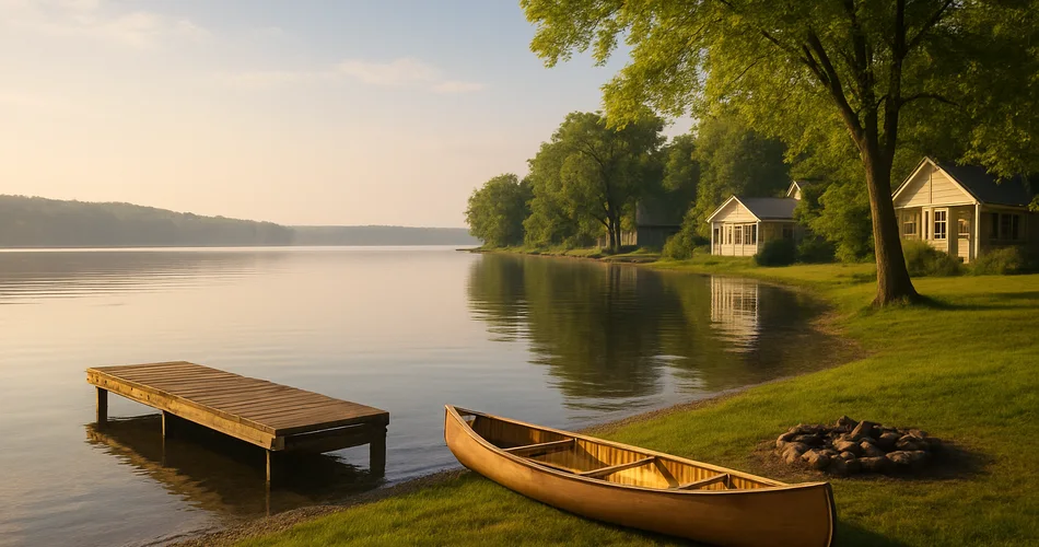 A canoe rests beside a dock along a quiet lakefront.