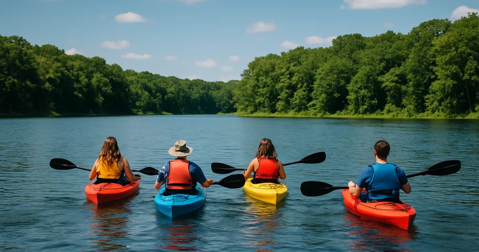 Kayakers paddle across a calm lake toward a wooded shore.