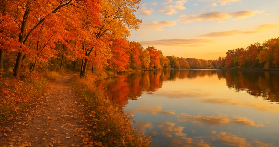 Autumn foliage frames a quiet lakeside trail.