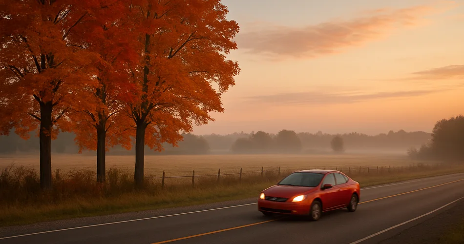 A car travels along a quiet road bordered by autumn trees and countryside.