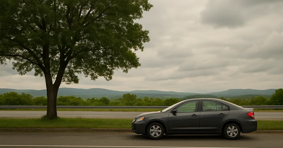 A parked car rests beside a tree-lined highway with distant hills.